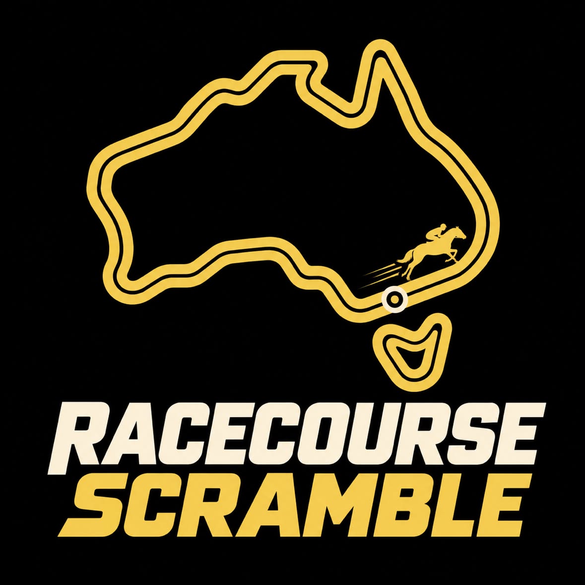 Racecourse Scramble logo: Australia drawn as a racetrack